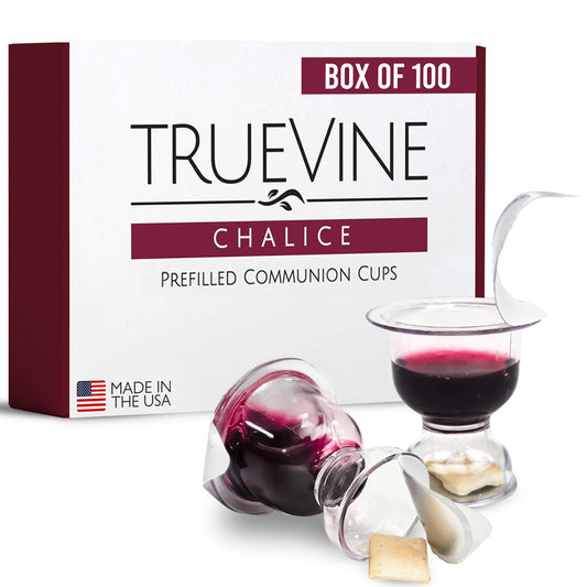 TrueVine Chalice Communion Cups and Wafer Set - Prefilled Cups w/Fresh Unleavened Bread & Grape Juice - Carefully Packaged & Easy to Open Elements for your Church Services, Fits in Trays (100 Count)