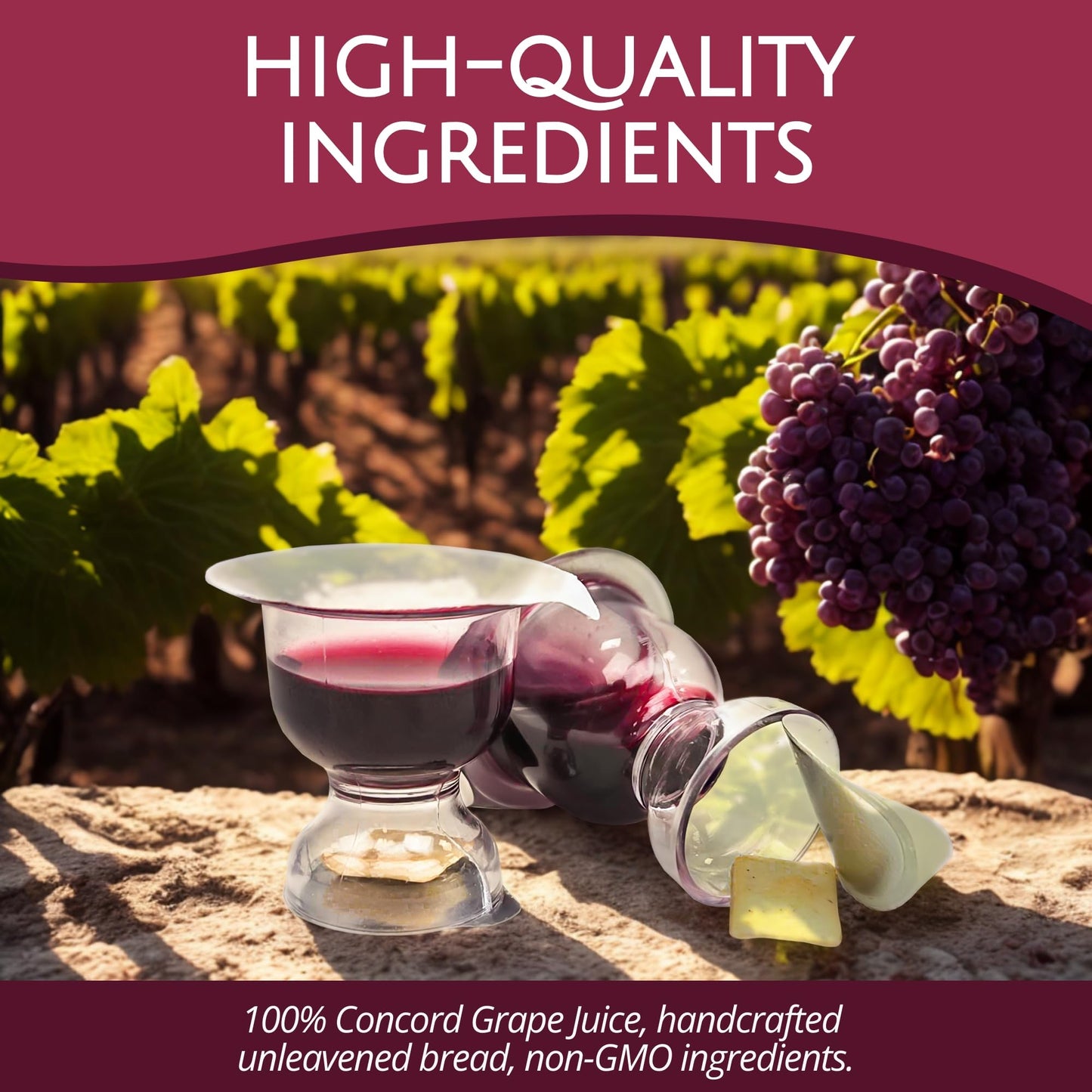 TrueVine Chalice Communion Cups and Wafer Set - Prefilled Cups w/Fresh Unleavened Bread & Grape Juice - Carefully Packaged & Easy to Open Elements for your Church Services, Fits in Trays (100 Count)